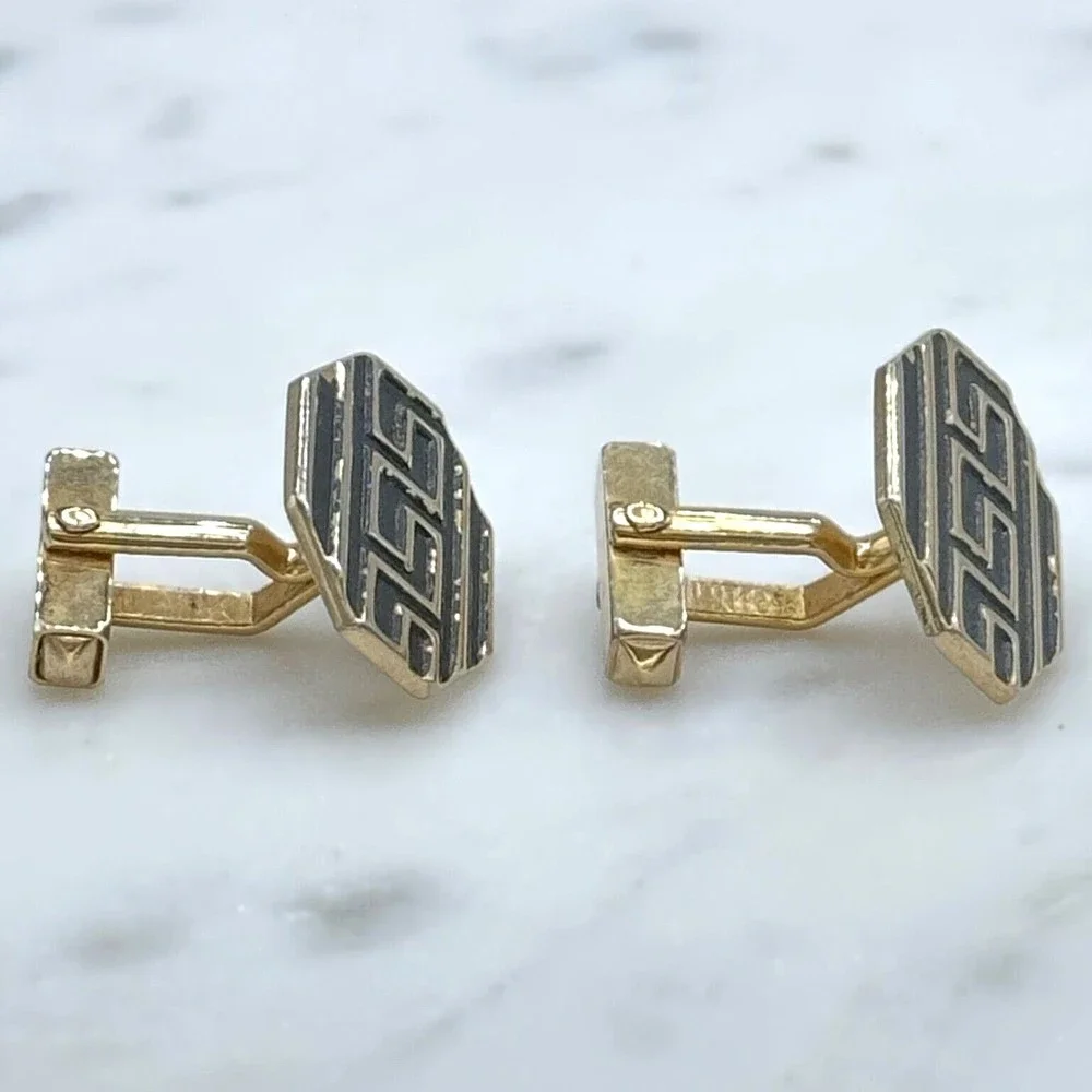 Vintage SWANK Gold Tone & Black Meander Greek Pattern Bullet Back Cufflinks